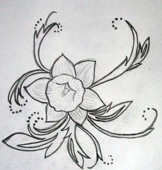 a drawing of a flower with leaves and dots on the bottom half of its body