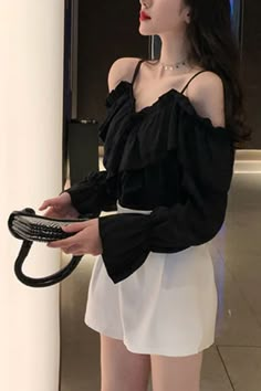 Sexy Off Shoulder Ruffles Blouse Shirts – Nada Outfit Land Black Casual Shirt With Ruffles, Casual Black Shirt With Ruffles, Black Ruffled Summer Shirt, Black Ruffled Shirt For Summer, Summer Black Ruffled Shirt, Ruffles Blouse, Galaxy Dress, Outfit Tips, Korea Dress