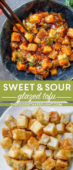 sweet and sour glazed tofu in a pan with chopsticks on the side