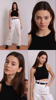 four photos of a woman in black top and white pants with her hands on her hips