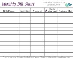 a printable bill chart with the date and amount for each individual item in it