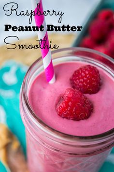 raspberry peanut butter smoothie in a mason jar