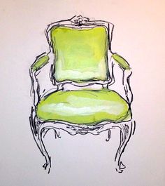 a drawing of a green chair against a white wall