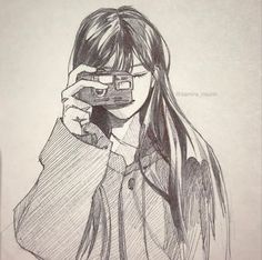 a pencil drawing of a girl holding a camera up to her face and looking at the camera