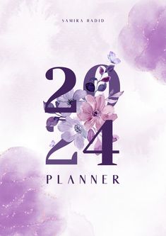 a purple watercolor background with flowers and the number twenty four in it's center