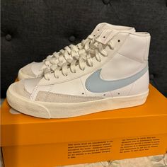 Brand New Blazers!! Such A Cute Shoe For The Summer. 7.5 In Men And 9 In Women! Nike Blazers Light Blue, Vintage White Sneakers With Cushioned Footbed, Vintage White High-top Sneakers With Branded Insole, Vintage White High-top Sneakers For Spring, Nike Shoes Blazer, Blazers Nike, Blazer Shoes, Nike Shoes Blue, Estilo Cholo