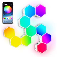 a cell phone is next to an array of hexagonal shapes with the same color scheme