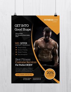 a flyer for a bodybuilding gym with an image of a man's torso