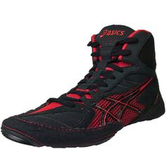 a pair of black and red shoes with the word asics written on the side