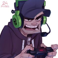 a cartoon character with headphones holding a game controller