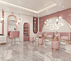 the interior of a beauty salon with pink chairs and gold trimmings on the walls