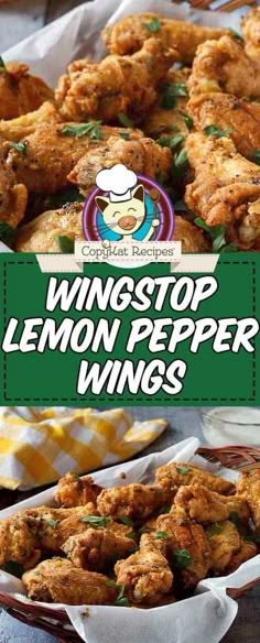 wingstop lemon pepper wings in a basket with the title overlay reading wingstop lemon pepper wings