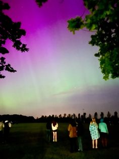 several people are standing in a field watching the aurora