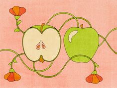 an image of two apples that are connected to each other with flowers on the side