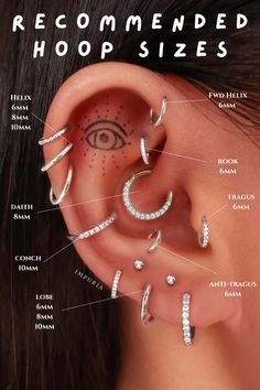 an ear with some piercings attached to it and the words, recommended by hoop sizes