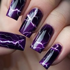 Lightning Nails, Nail Tip Shapes, Blitz Design, Fingernails Painted, Purple Lightning, Vibrant Nails, Nails Fake, Fake Nails With Glue, White Ombre