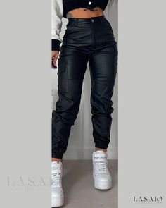 Lasaky - Cuffed PU Leather Pants with Exquisite Pocket Design Casual Leather Pants With Cargo Pockets For Fall, Casual Leather Pants With Multiple Pockets, Casual Leather Pants With Side Pockets For Fall, Casual Leather Pants With Cargo Pockets, Casual Leather Trousers With Pockets, Casual Leather Trousers, Casual Leather Pants With Pockets, Chic Streetwear Leather Pants With Pockets, Fall Cargo Style Bottoms With Cuffed Ankles