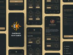 an array of mobile phone screens with the emerald sun tarot logo on them