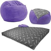 the bean bag chair is purple and grey