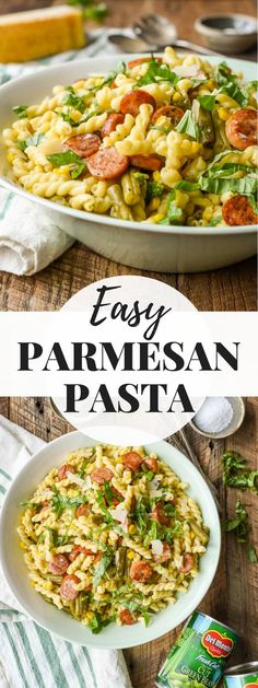 easy parmesan pasta in a white bowl on top of a wooden table next to a