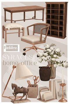 an assortment of furniture and accessories including a desk, chair, bookshelf, vase with flowers