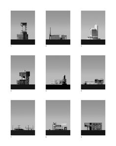 nine black and white photographs of buildings in different stages of construction, with the sky above them