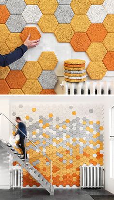 two pictures side by side, one with orange and white hexagonal tiles on the wall