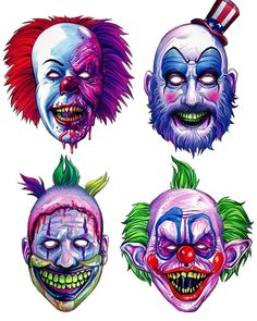 four creepy clown faces with different colored hair