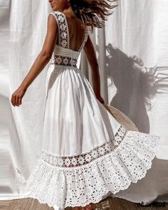 Olivia Mark – Vestido largo sin mangas de encaje a contraste bordado con ojales Por favor, no te lo pierdas. Lace Panel Dress, Elegant Maxi Dress, Sleeveless Long Dress, Panel Dress, Backless Maxi Dresses, Boho Lace, Linnet, Lace Maxi Dress, Lace White Dress