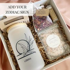 a white box with some items in it and the words, add your zodiac sign