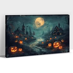 a halloween scene with pumpkins on the ground and a full moon in the sky