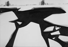 a black and white photo of an abstract sculpture in the snow with trees behind it