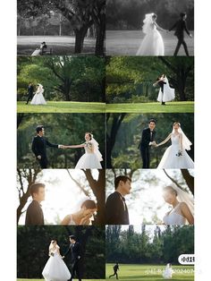 the bride and groom are posing for pictures in their wedding day outfits, with trees behind them