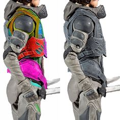 two different views of the same person in full armor, one with skis on his back