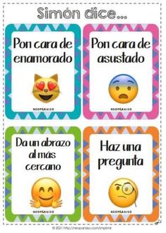 four different emotication cards with faces and words in spanish, the first one has an emoticive expression