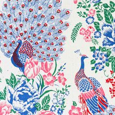 an image of a peacock and flowers on a white background with red, blue, green, and pink colors