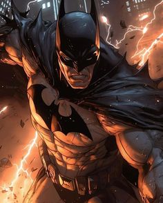 batman in the city with lightning behind him