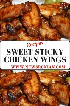 two pictures of chicken wings with the words sweet sticky chicken wings