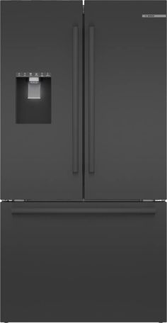 a black refrigerator freezer with two doors and one door on each side, in front of