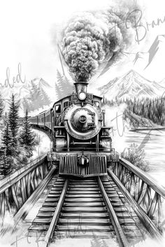 Freight Train Tattoo, Pyrography Stencils, Train Tattoo, Chest Tattoo Drawings, Train Crossing, Train Drawing, Train Art, Steam Train, Wood Burning Art