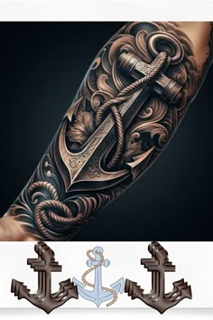 an anchor and rope tattoo design on the left arm, with other tattoos in the background