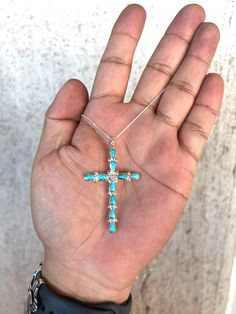 This is hands down one of the most beautiful cross necklaces we've come across! Hand-crafted with 925 Sterling Silver and 10 Turquoise inlay stones. Comes on your choice of chain length. Western Cross Necklace, Turquoise Tuesday, Real Turquoise Jewelry, Turquoise Jewelry Necklace, Genuine Turquoise Jewelry, Turquoise Cross Necklace, Handmade Turquoise Jewelry, Turquoise Stone Jewelry, Western Stuff