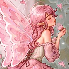 a pretty pink fairy holding a donut in her right hand and looking at it