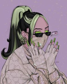 a drawing of a woman with green nails holding her hand up to her mouth and wearing sunglasses