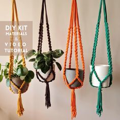 four macrame plant hangers with plants in them and the words diy kit materials