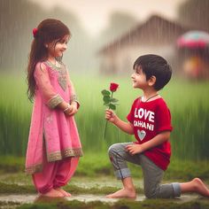 two children are sitting in the rain and one is holding a rose while the other holds a flower