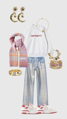 a white shirt, jeans and shoes with accessories