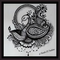 a black and white drawing of a bird with ornate designs on it's wings