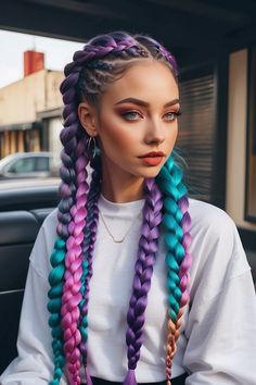 Trend Alert: Big Braids Hairstyles That Are Rocking 2024 8 Trend Alert: Big Braids Hairstyles That Are Rocking 2024 Electric Feels Party Outfit, Colorful Braiding Hair, Braided Hair Extensions Ideas, Braids With Extra Hair, Braiding Hair With Extensions, Colorful Braids Hairstyles, Rave Braids Extensions, Burning Man Braids, Pride Braids