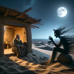 an old man sitting in front of a hut on the desert under a full moon